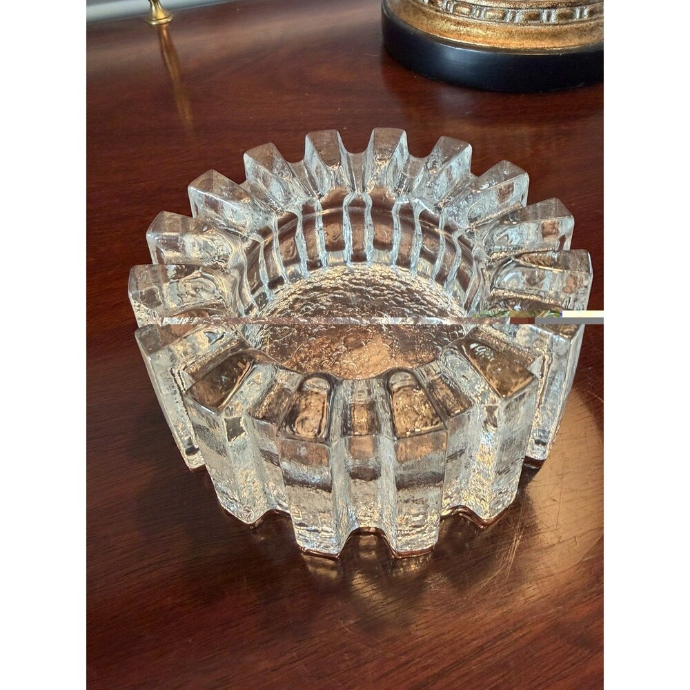 Vintage Pukeberg Sweden Art Glass Brutalist Style Cog Ashtray Mid Century Modern